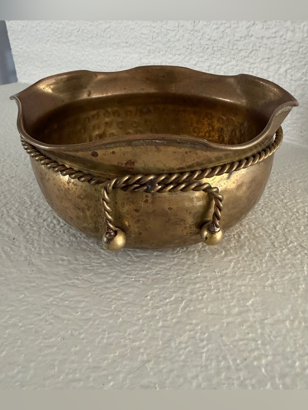 Vintage India Solid Brass Planter Cachepot Bowl Rope Tassel 6.5” Gold Tone